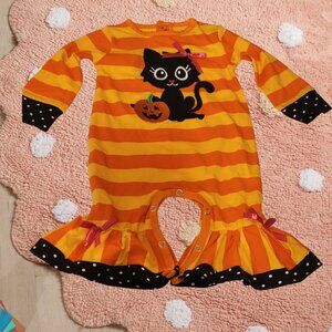 NWT-Baby Girls Halloween Black Cat Orange Cotton Romper-3-6 MO